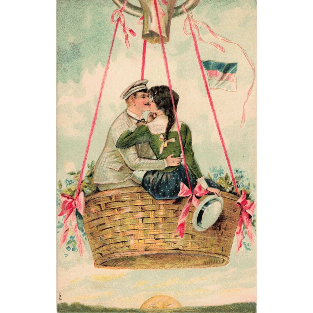 Romantic Couple Kissing Hot Air Balloon Antique Embossed Postcard Aviation c1907